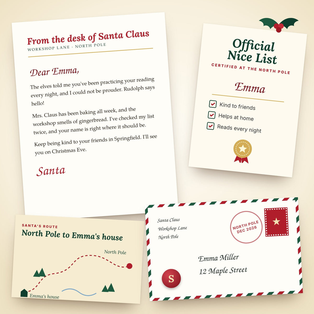 Letter from Santa package with a striped envelope and North Pole postmark