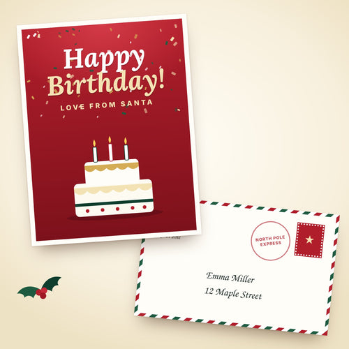 Red Happy Birthday card from Santa with a birthday cake and a striped North Pole envelope
