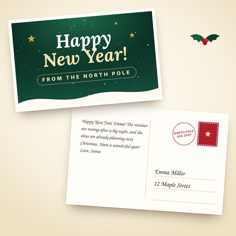 Happy New Year postcard from Santa, front and back, addressed to a child with a North Pole postmark